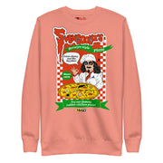 Front view of coral crewneck sweatshirt featuring Svengoolie as a chef with the text 'Svengoolie's Berwyn-style Pizza' in red and white.
