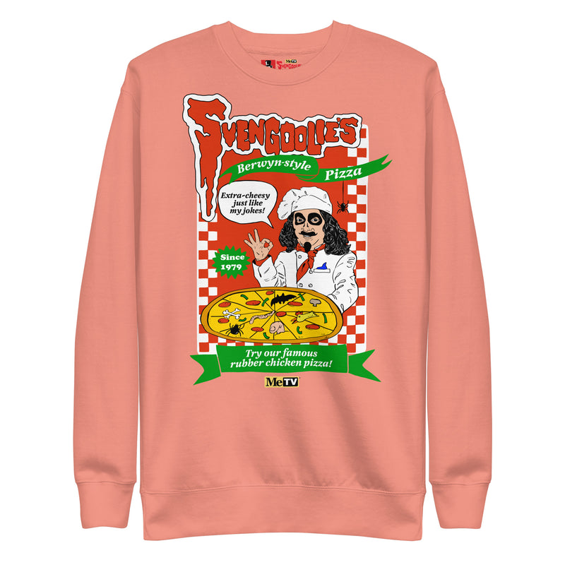 Front view of coral crewneck sweatshirt featuring Svengoolie as a chef with the text 'Svengoolie's Berwyn-style Pizza' in red and white.