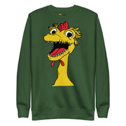 Forest green front of the Kerwyn Big Head Sweatshirt featuring the same large yellow Kerwyn rubber chicken head graphic.