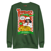 Forest green sweatshirt featuring Svengoolie as a pizza chef with the text 'Svengoolie's Berwyn-style Pizza' in red and white.