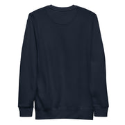 Back view of plain navy long-sleeved crew neck sweatshirt with ribbed cuffs and hem, showing no visible graphics or text.