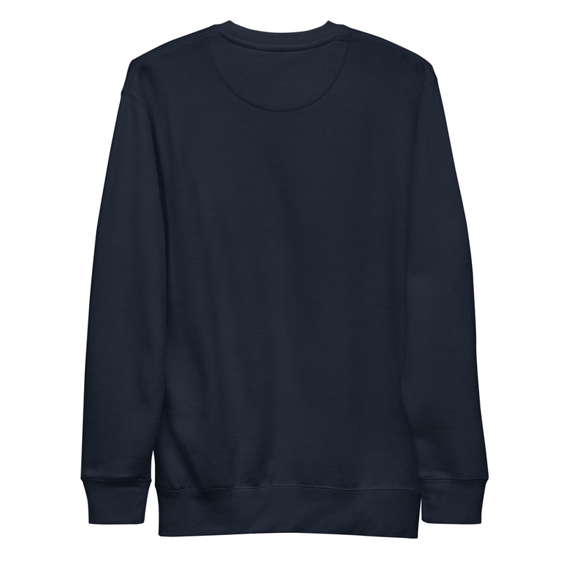 Back view of plain navy long-sleeved crew neck sweatshirt with ribbed cuffs and hem, showing no visible graphics or text.