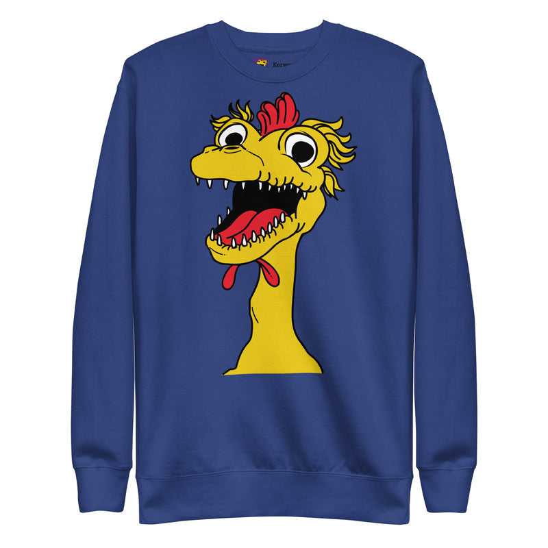 Royal blue front of the Kerwyn Big Head Sweatshirt featuring the same large yellow Kerwyn rubber chicken head graphic.