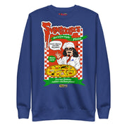 Royal blue crewneck sweatshirt featuring a Svengoolie pizza shop poster with a chef graphic and the text 'Svengoolie's' in red across the top.
