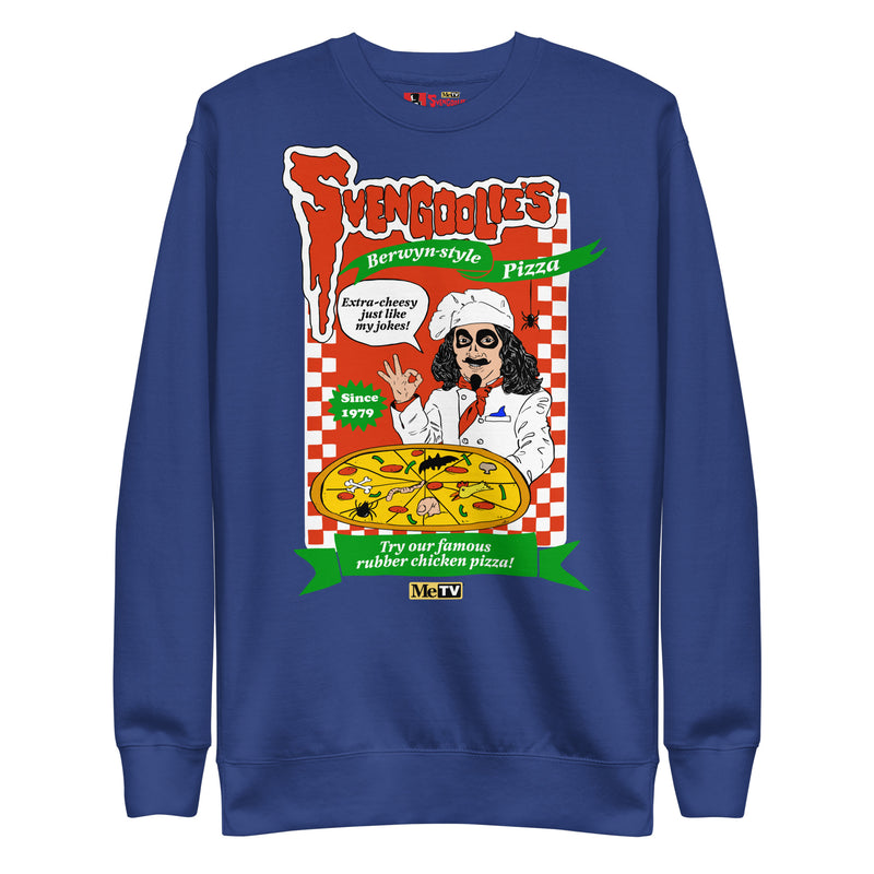 Royal blue crewneck sweatshirt featuring a Svengoolie pizza shop poster with a chef graphic and the text 'Svengoolie's' in red across the top.