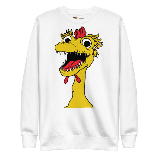 White front of the Kerwyn Big Head Sweatshirt featuring the same large yellow Kerwyn rubber chicken head graphic.