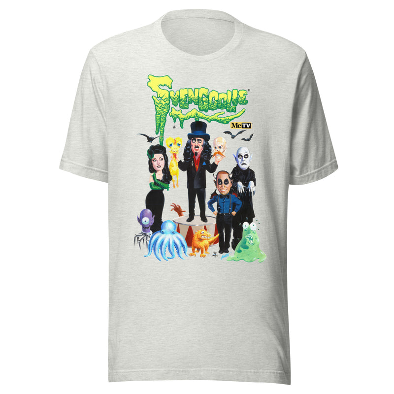 Ash gray t-shirt featuring a group of cartoon monsters around Svengoolie in a top hat, with the green text 'Svengoolie' above.