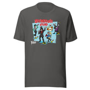 Gray t-shirt featuring a cartoon band of Svengoolie characters with red 'SVENGOOLIE STOMP' written above and Svengoolie logo at lower left