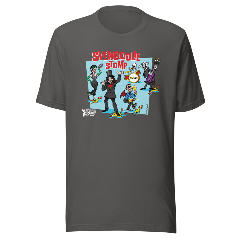 Gray t-shirt featuring a cartoon band of Svengoolie characters with red 'SVENGOOLIE STOMP' written above and Svengoolie logo at lower left