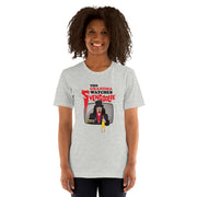 Model wearing gray t-shirt featuring Svengoolie holding a rubber chicken with the text 'This Grandma Watches Svengoolie' in black and red above it.