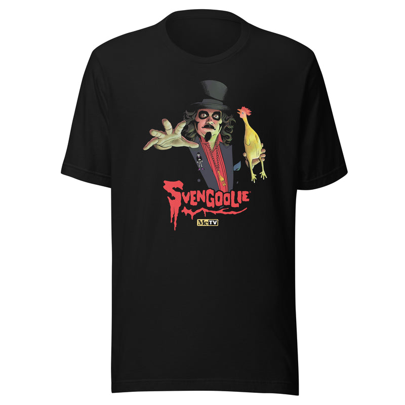 Black cotton t-shirt featuring illustrated Svengoolie with Logo