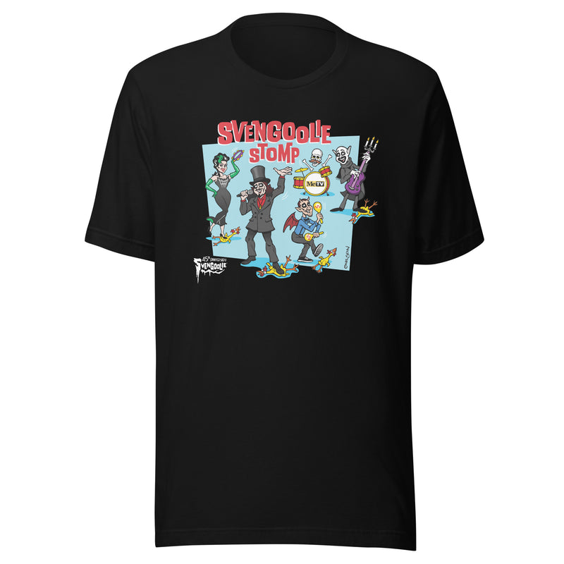 Black t-shirt featuring a cartoon band of Svengoolie characters with red 'SVENGOOLIE STOMP' written above and Svengoolie logo at lower left