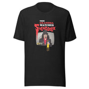 Black t-shirt featuring Svengoolie holding a rubber chicken with the text 'This Grandma Watches Svengoolie' in white and red above it.