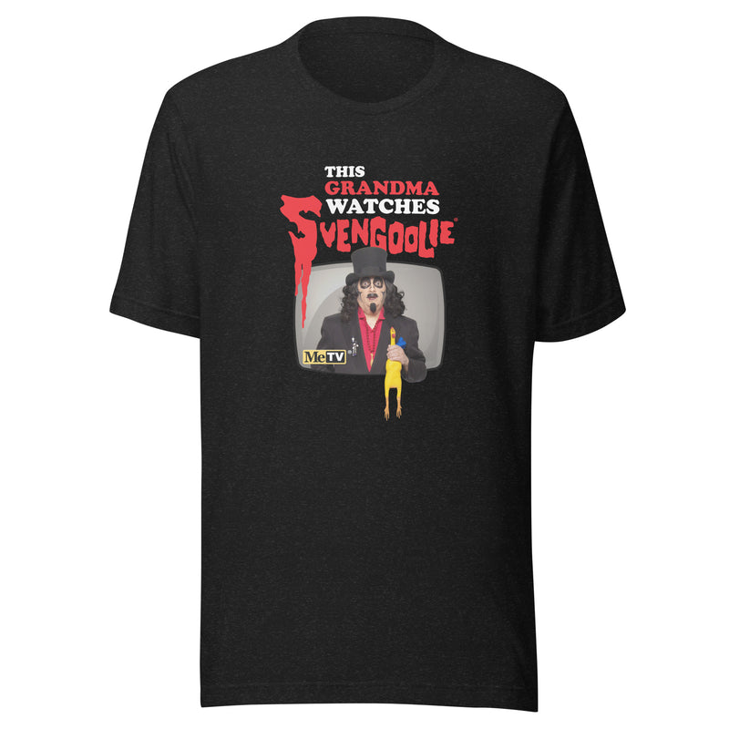 Black t-shirt featuring Svengoolie holding a rubber chicken with the text 'This Grandma Watches Svengoolie' in white and red above it.