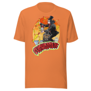 Orange t-shirt featuring Svengoolie climbing a skyscraper and holding a skull among flying yellow chickens with the text 'SVENGOOLIE' in red below it.