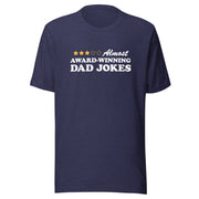 Navy heather t-shirt featuring a three-of-five star rating graphic with the text 'Almost AWARD-WINNING DAD JOKES' in black on the chest