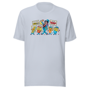 Light blue t-shirt featuring cartoon snacks and a television remote marching with Svengoolie with signs reading 'Let's All Go to MeTV' and 'And Watch Svengoolie'.
