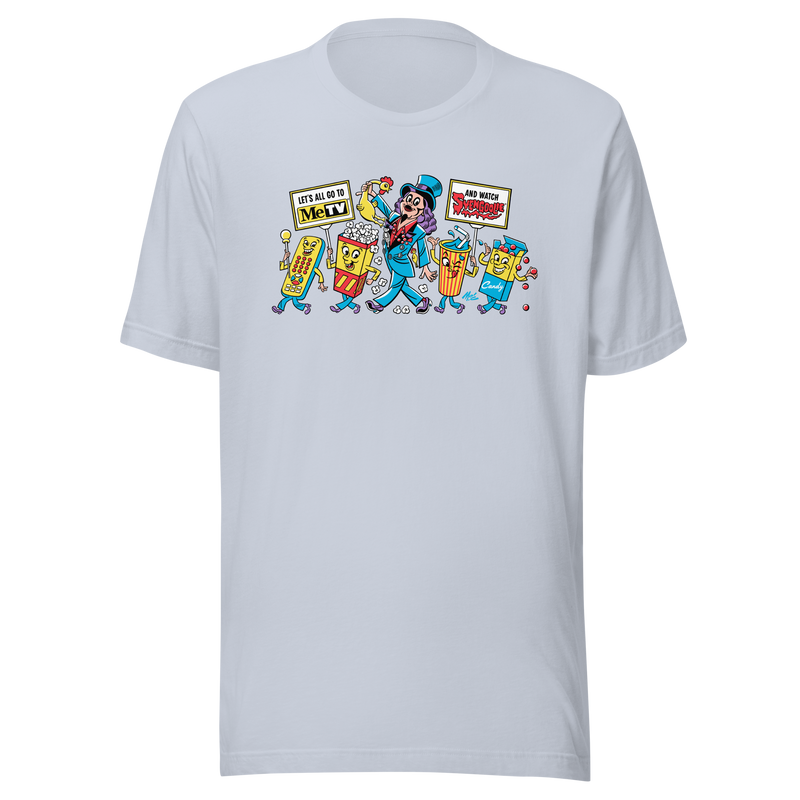 Light blue t-shirt featuring cartoon snacks and a television remote marching with Svengoolie with signs reading 'Let's All Go to MeTV' and 'And Watch Svengoolie'.