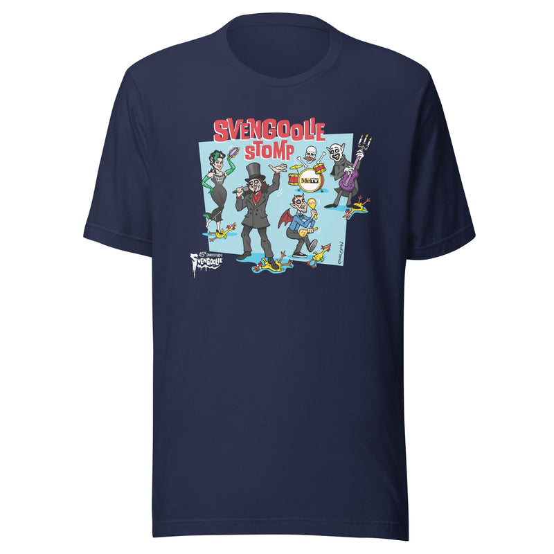 Navy Blue t-shirt featuring a cartoon band of Svengoolie characters with red 'SVENGOOLIE STOMP' written above and Svengoolie logo at lower left