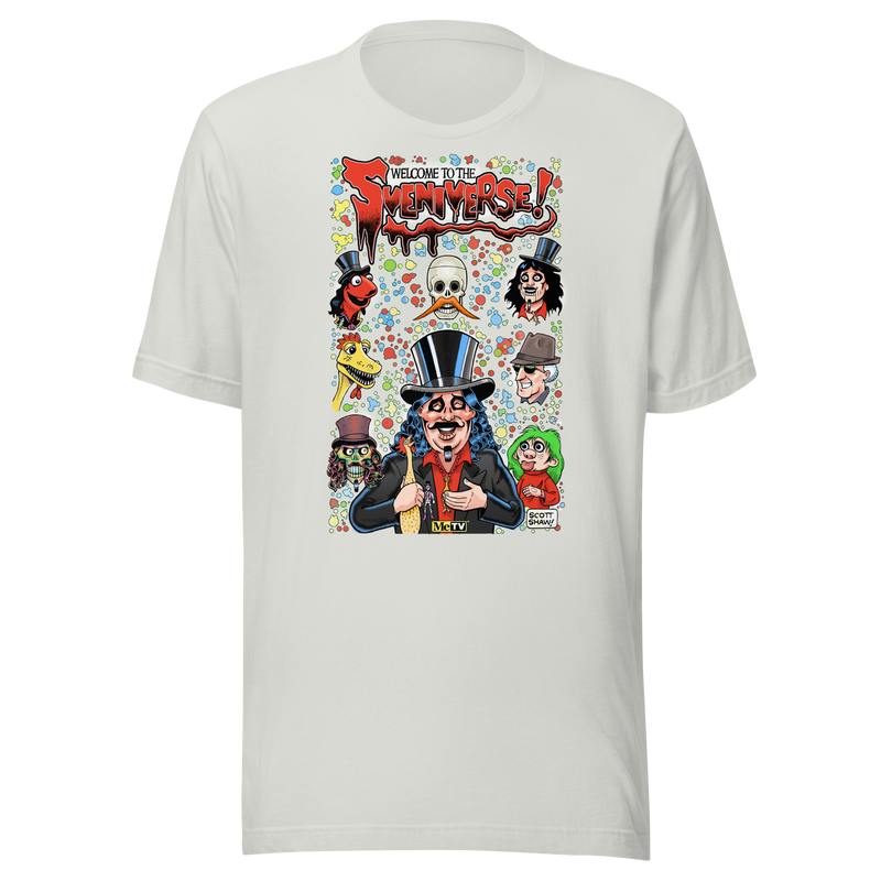 Silver t-shirt featuring cartoon Svengoolie in a top hat with other characters, with the text 'Welcome to the Sveniverse!' in red at top