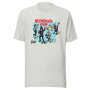 Silver t-shirt featuring a cartoon band of Svengoolie characters with red 'SVENGOOLIE STOMP' written above and Svengoolie logo at lower left