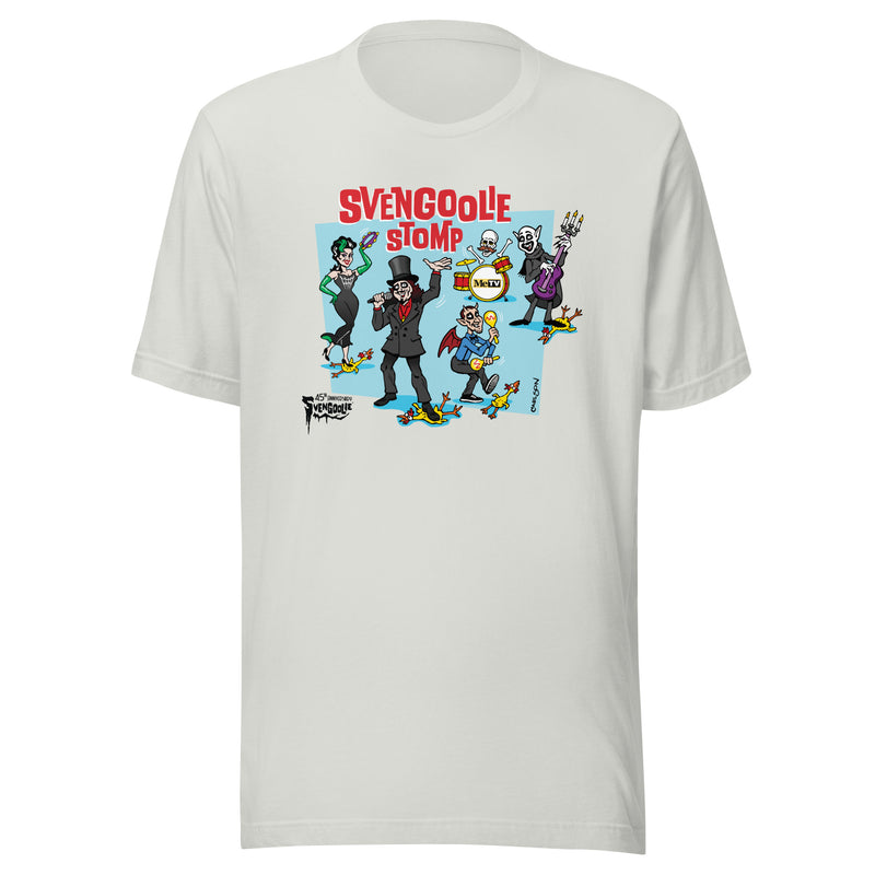 Silver t-shirt featuring a cartoon band of Svengoolie characters with red 'SVENGOOLIE STOMP' written above and Svengoolie logo at lower left