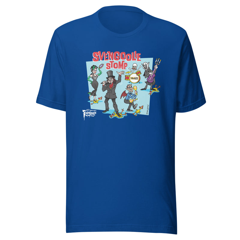 Royal Blue t-shirt featuring a cartoon band of Svengoolie characters with red 'SVENGOOLIE STOMP' written above and Svengoolie logo at lower left