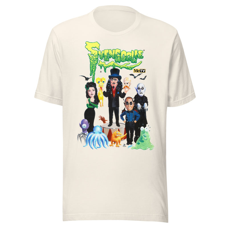Cream t-shirt featuring a group of cartoon monsters around Svengoolie in a top hat, with the green text 'Svengoolie' above.