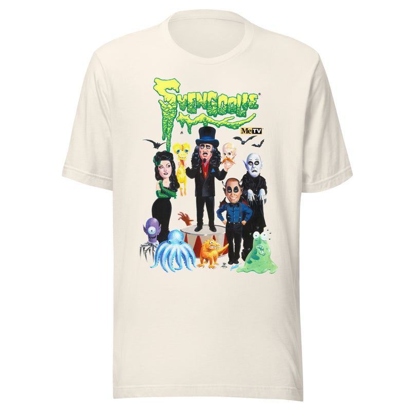 Cream t-shirt featuring a group of cartoon monsters around Svengoolie in a top hat, with the green text 'Svengoolie' above.