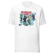White t-shirt featuring a cartoon band of Svengoolie characters with red 'SVENGOOLIE STOMP' written above and Svengoolie logo at lower left