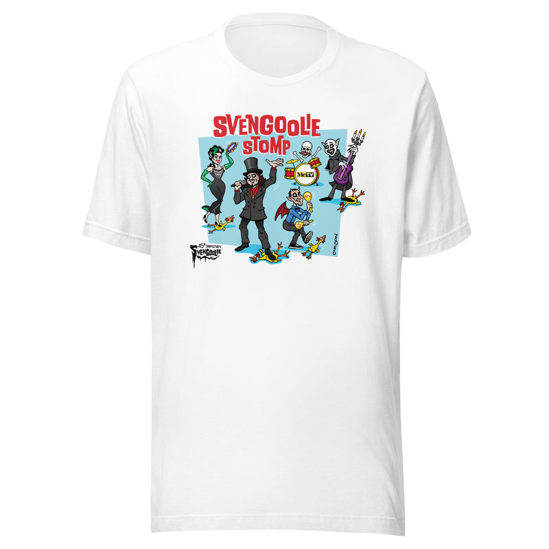 White t-shirt featuring a cartoon band of Svengoolie characters with red 'SVENGOOLIE STOMP' written above and Svengoolie logo at lower left