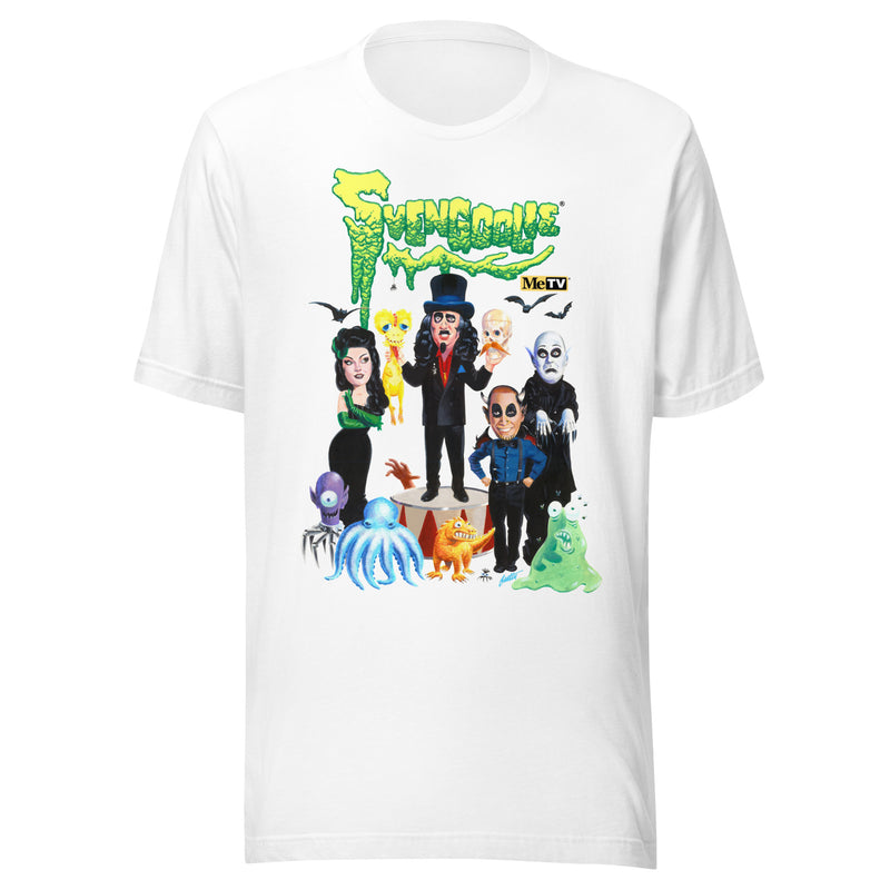 White t-shirt featuring a group of cartoon monsters around Svengoolie in a top hat, with the green text 'Svengoolie' above.