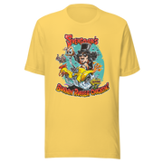 Yellow t-shirt featuring cartoon Svengoolie in a top hat riding a rubber chicken hot rod with the text 'Burnin' Rubber Chicken' in red below.