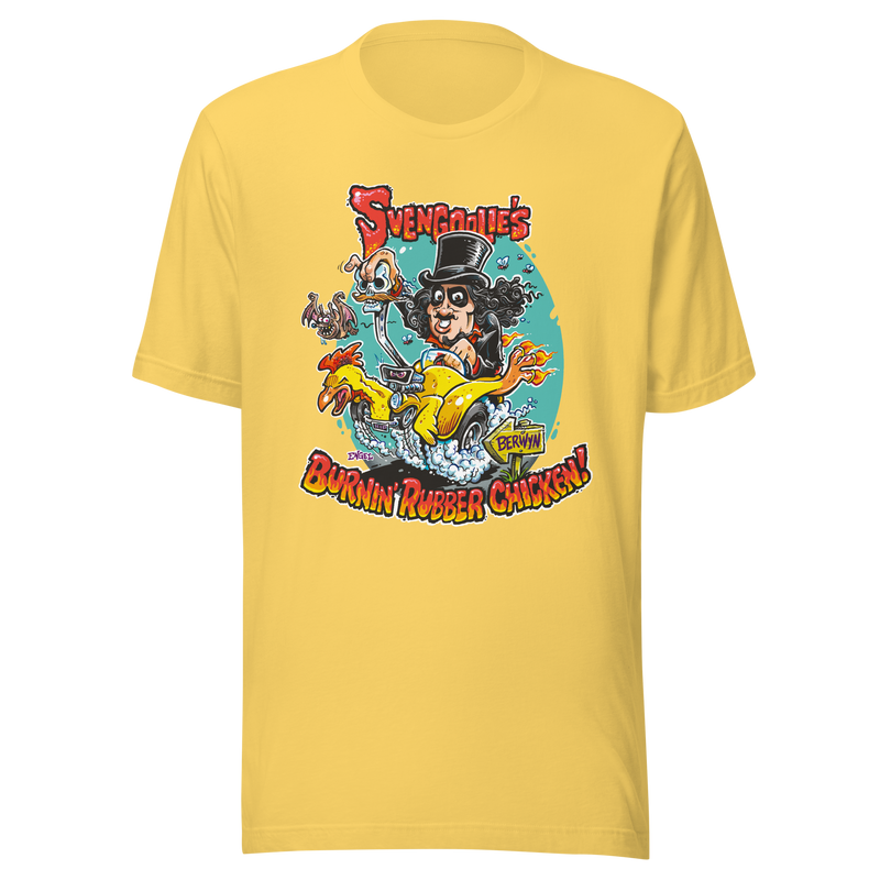 Yellow t-shirt featuring cartoon Svengoolie in a top hat riding a rubber chicken hot rod with the text 'Burnin' Rubber Chicken' in red below.