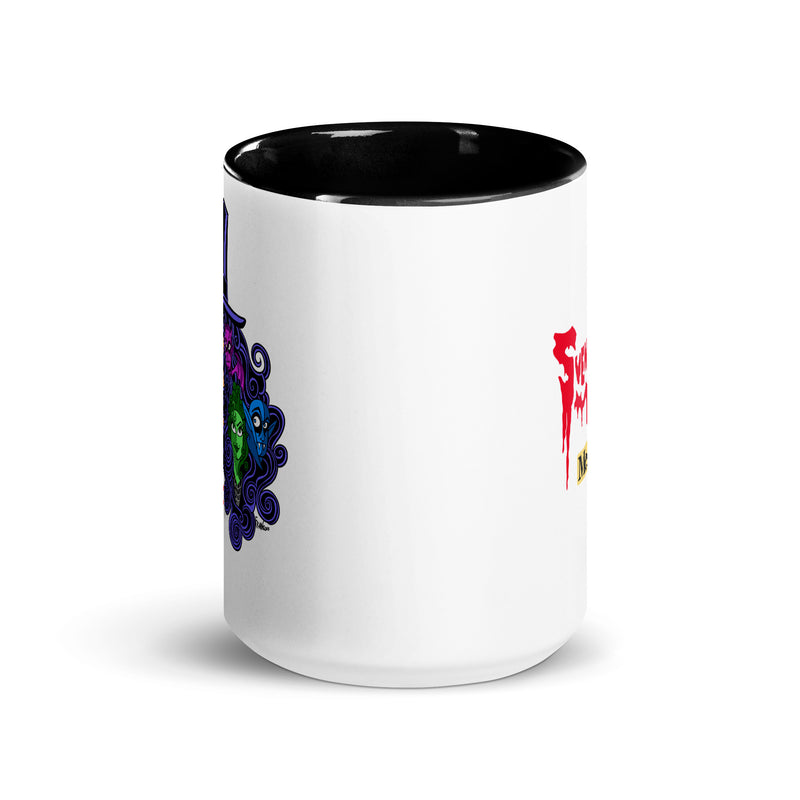 Side view of white mug with black interior featuring Svengoolie in a top hat with curly hair, and the faces of the Sven Squad in his hair, with the text 'Svengoolie' in red and the MeTV logo.