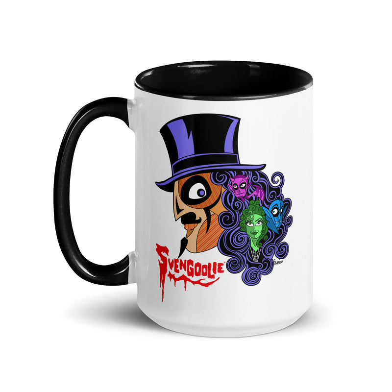 Front view of white mug with black handle featuring Svengoolie in a top hat with curly hair, and the faces of the Sven Squad in his hair, with the text 'Svengoolie' in red.