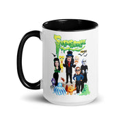 White mug with black handle and interior featuring Svengoolie and the Sven Squad alongside small monster characters with the text 'Svengoolie' in green dripping letters and a MeTV logo at the top.