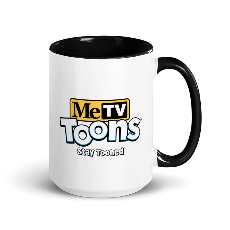 White ceramic mug with black interior and handle featuring the MeTV Toons logo with the text 'MeTV Toons' and 'Stay Tooned' in black and blue below it