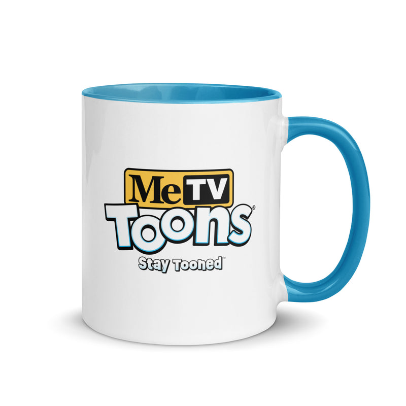 White ceramic mug with blue handle and blue interior featuring the MeTV Toons logo with the text 'Stay Tooned' in black below it.