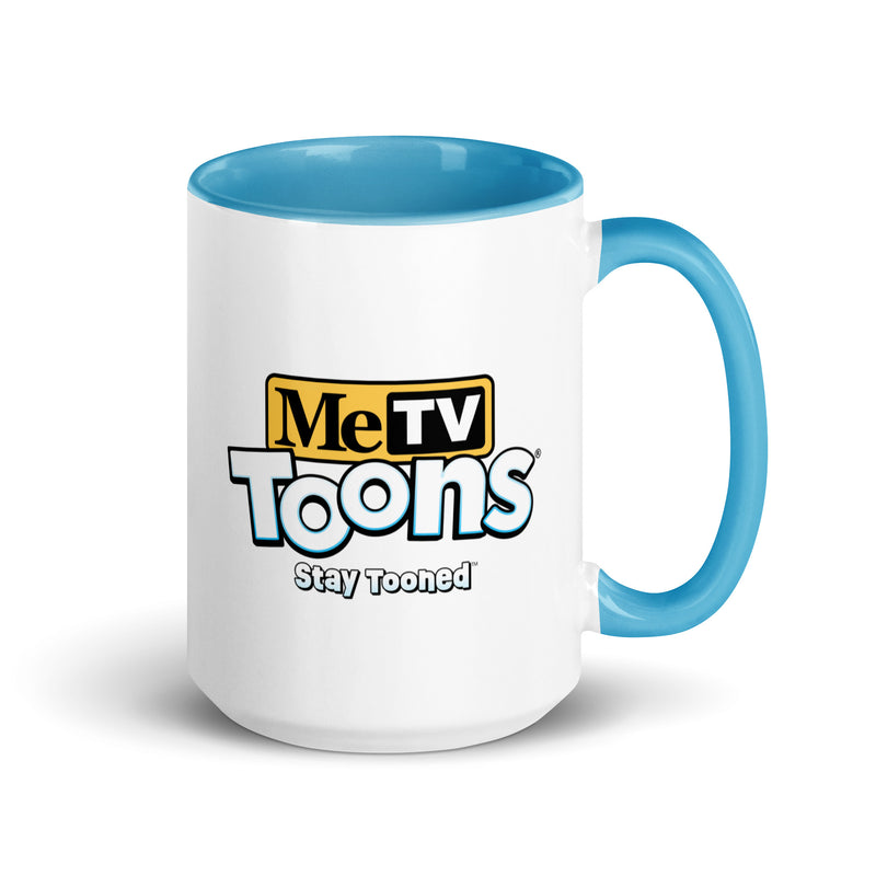 White ceramic mug with blue interior and handle featuring the MeTV Toons logo with the text 'MeTV Toons' and 'Stay Tooned' in black and blue below it