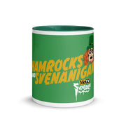 Green mug with a dark green interior featuring a Svengoolie face in a top hat with the text 'Shamrocks and Svenanigans' in yellow