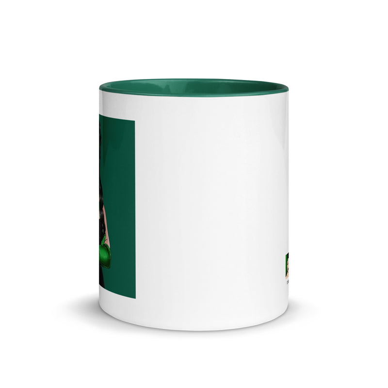 White ceramic mug with green interior featuring a portrait of Gwengoolie in a green-backed square panel on the left side.