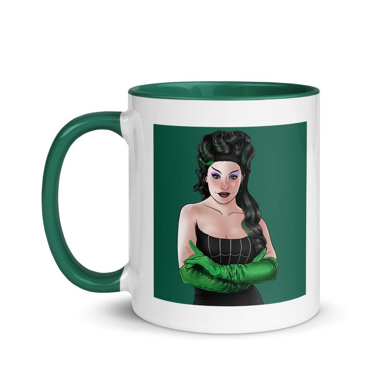 White mug with green interior and handle, featuring an illustrated Gwengoolie portrait in a black dress and green gloves on green.
