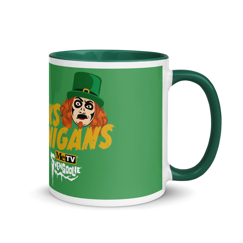 Side view of green mug with dark green handle featuring a leprechaun Svengoolie face with the text 'Svenanigans' in yellow.