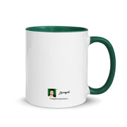 Back view of white mug with green handle and interior featuring Gwengoolie portrait logo with the text 'Gwengoolie' in black near the base.