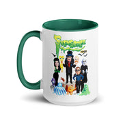 White mug with green handle and interior featuring Svengoolie and the Sven Squad alongside small monster characters with the text 'Svengoolie' in green dripping letters and a MeTV logo at the top.