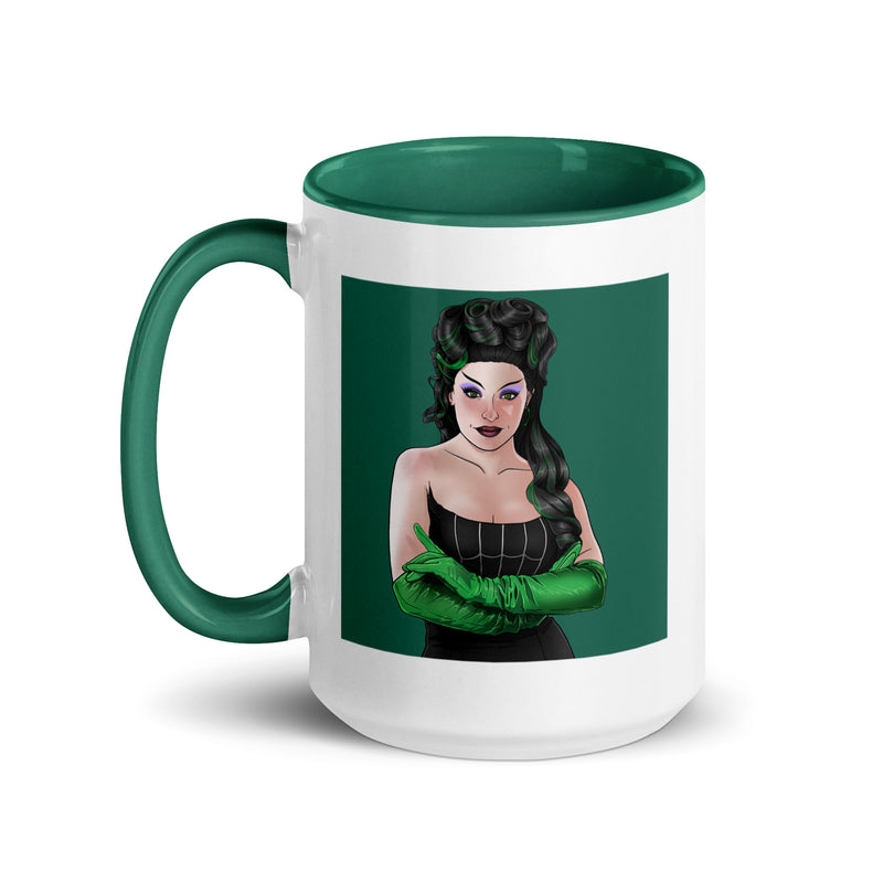 White ceramic mug with green handle and interior featuring an illustrated portrait of Gwengoolie in green gloves.