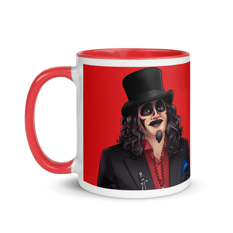 Ceramic mug with red handle and interior featuring an illustrated Svengoolie portrait on red.