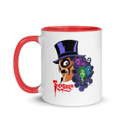 Front view of white mug with red handle featuring Svengoolie in a top hat with curly hair, and the faces of the Sven Squad in his hair, with the text 'Svengoolie' in red.