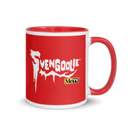Red ceramic mug with red interior and handle featuring the white Svengoolie logo with the text 'Svengoolie' and a MeTV logo below it.